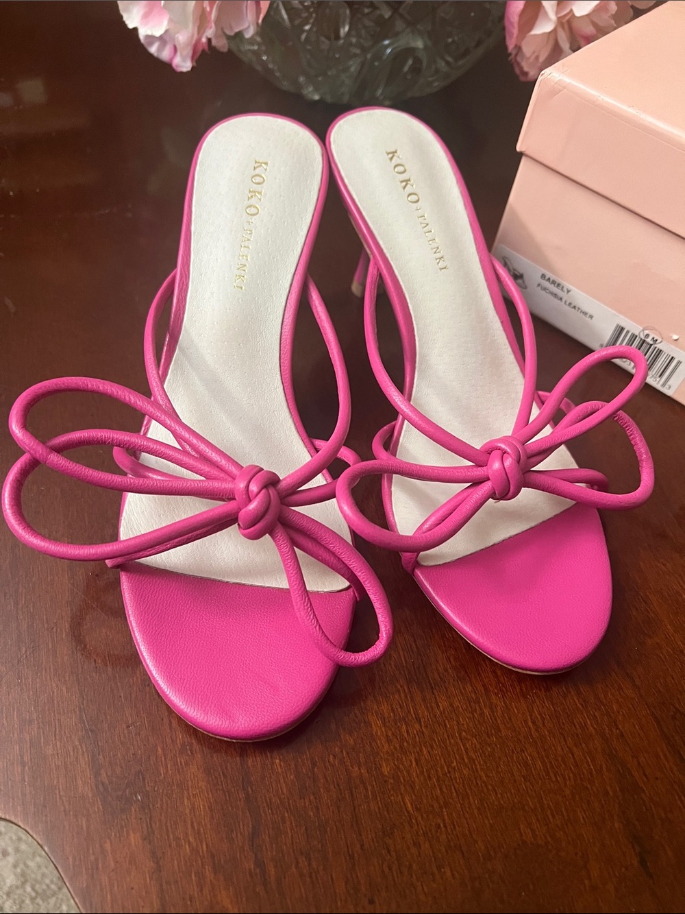 KOKO + Palenki Barely Fuchsia Leather String Bow Slide Heel - Picture 2 of 6